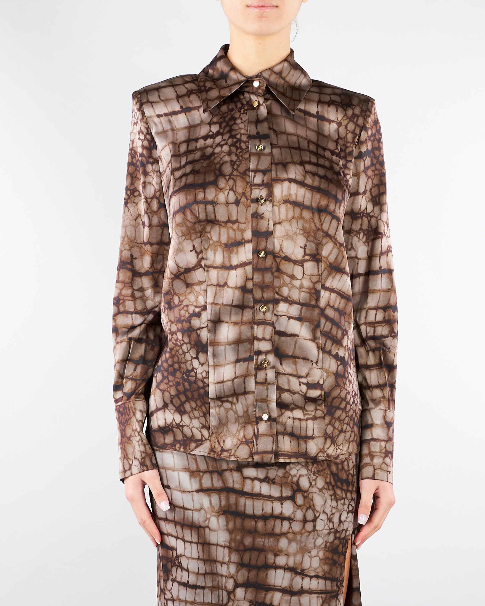 Camicia Cacao in raso con stampa alligatore CA13161E2 644 ELISABETTA FRANCHI 