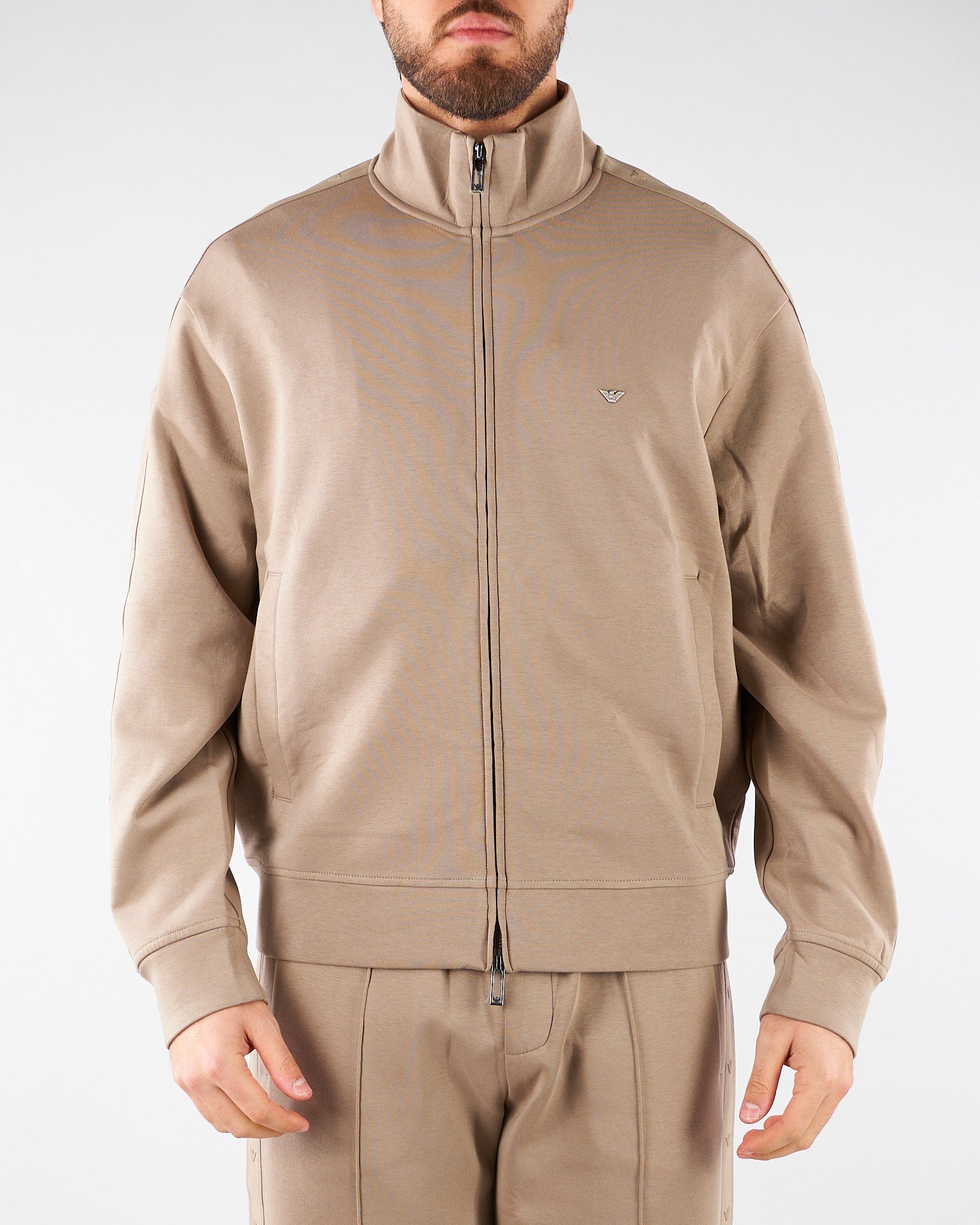 Felpa Beige full zip in double jersey con banda logata EM005222AF10013 U6107 EMPORIO ARMANI 