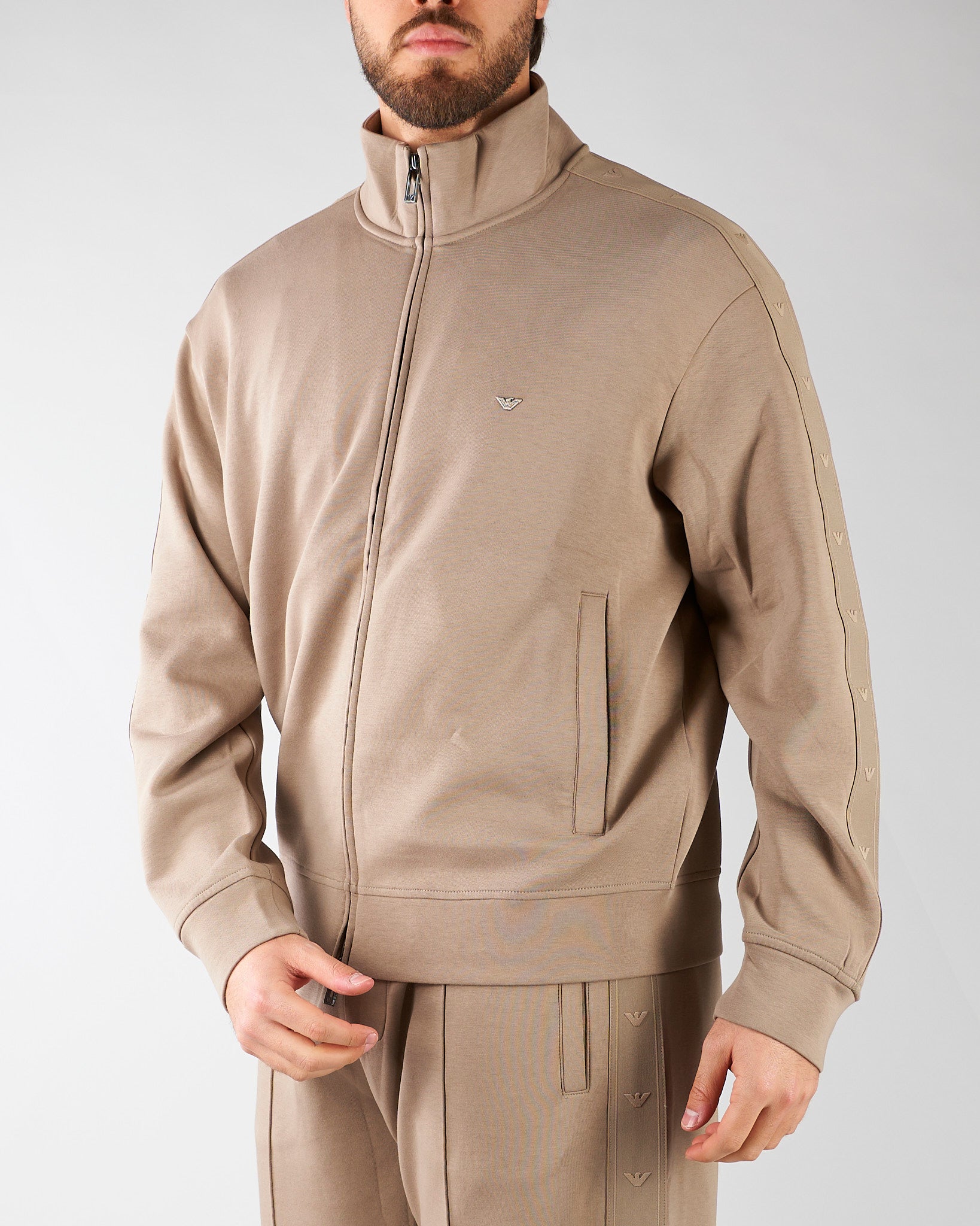 Felpa Beige full zip in double jersey con banda logata EM005222AF10013 U6107 EMPORIO ARMANI 