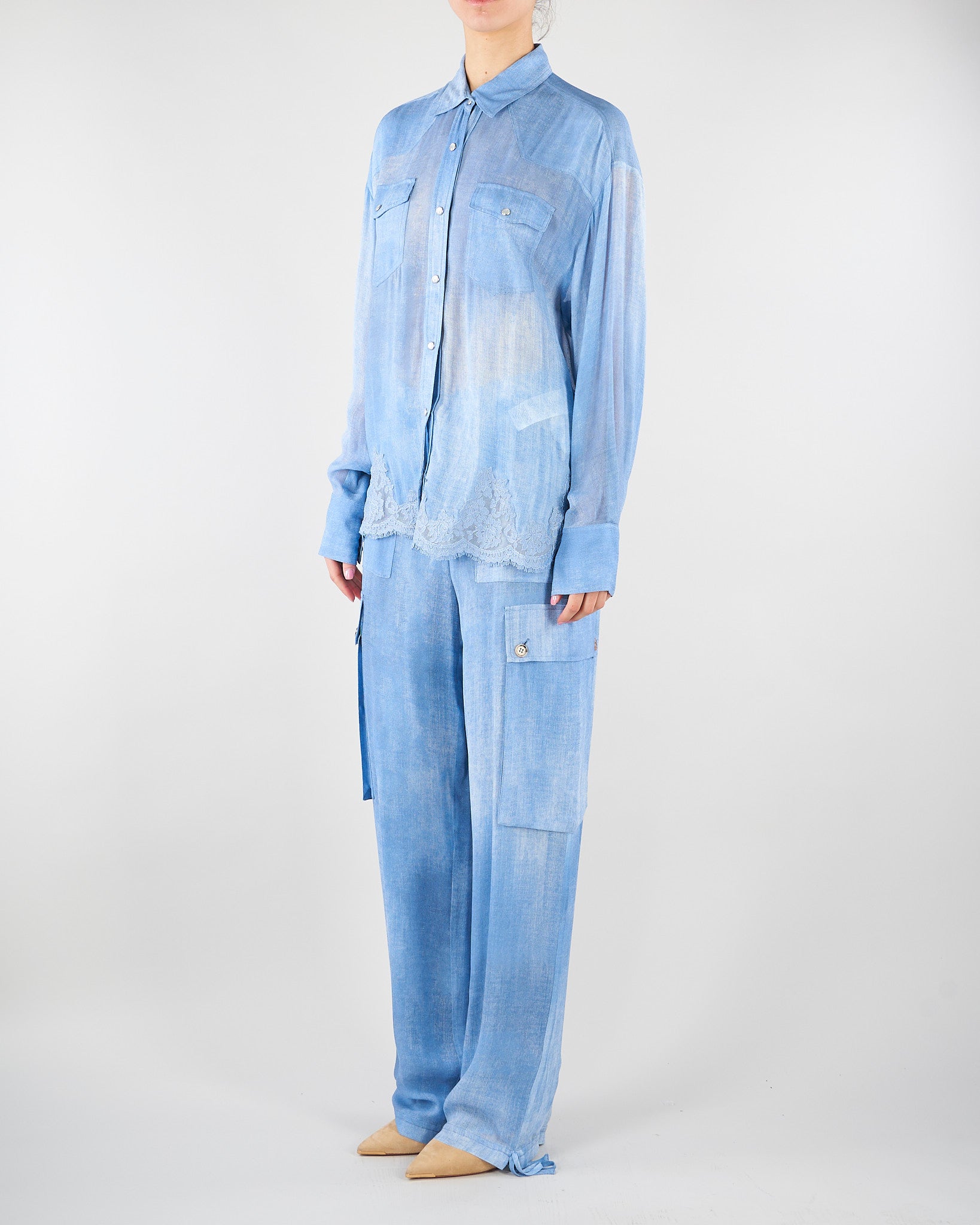 Camicia in georgette con stampa Denim e pizzo ricamato D48EK021EB5 MF156 ERMANNO BY ERMANNO SCERVINO 