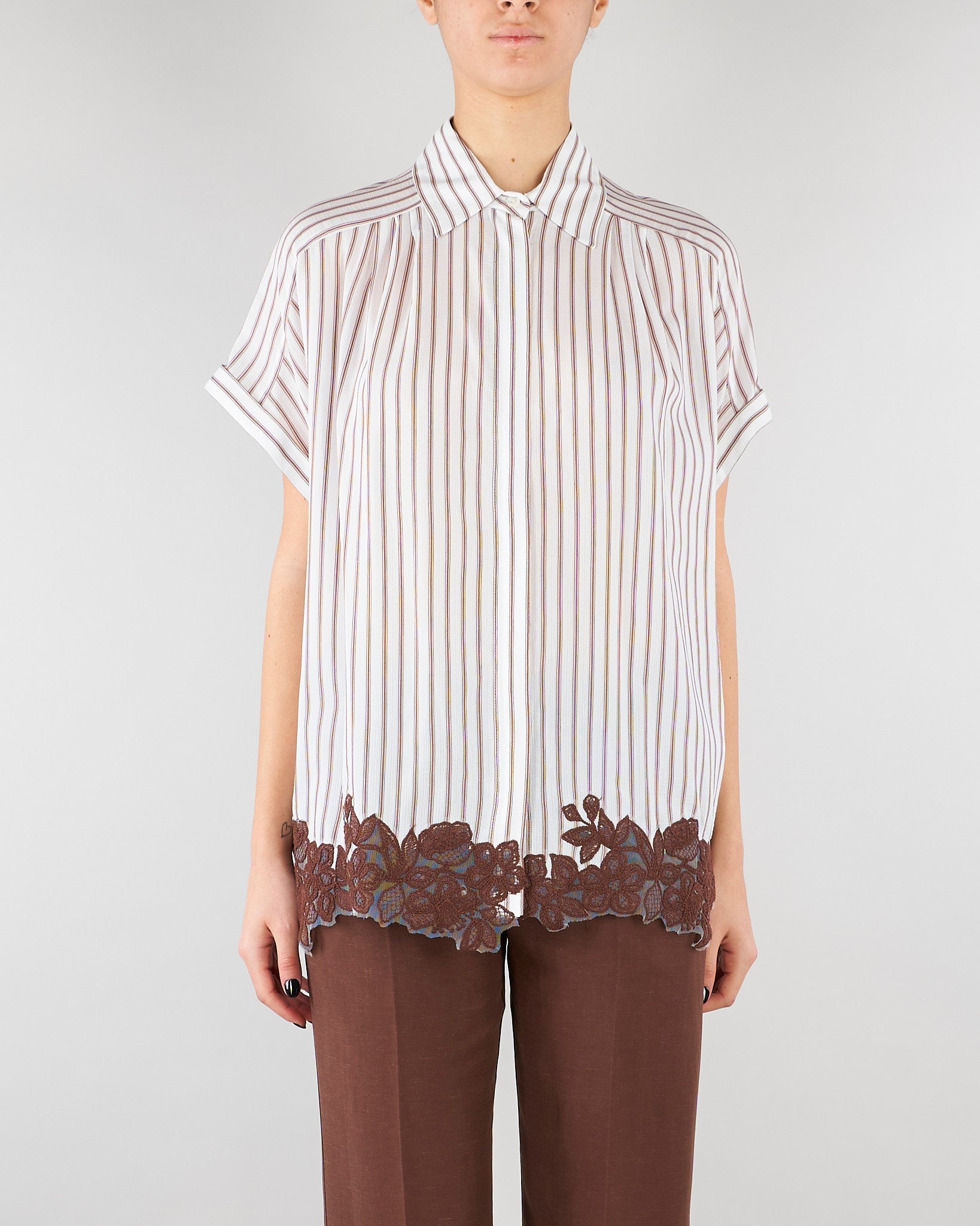 Camicia Bianco-Marrone a righe con ricami floreali D48EK036ES2 MFB25 ERMANNO BY ERMANNO SCERVINO 