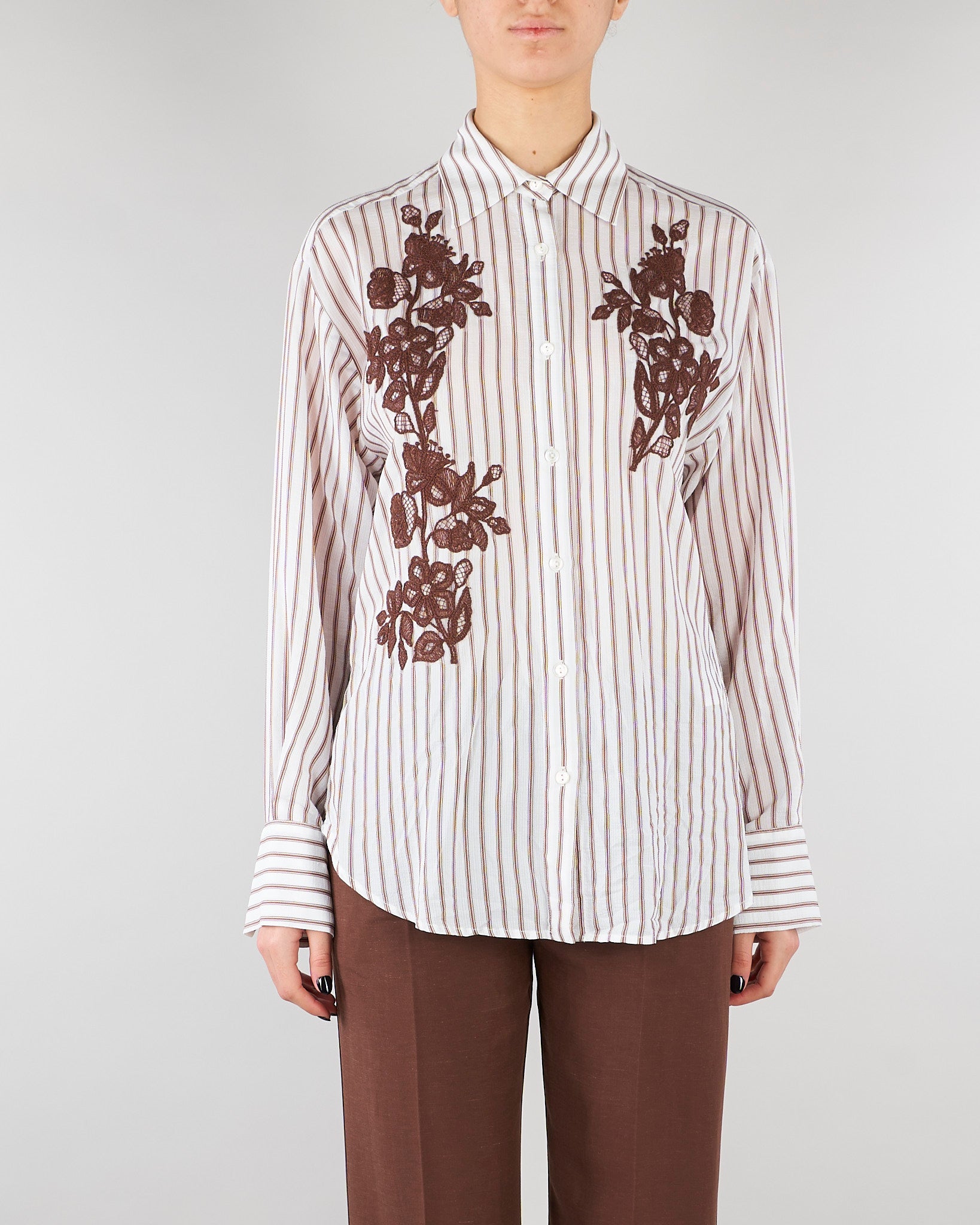 Camicia Bianco-Marrone a righe con ricami floreale D48EK037ES2 MFB25 ERMANNO BY ERMANNO SCERVINO 
