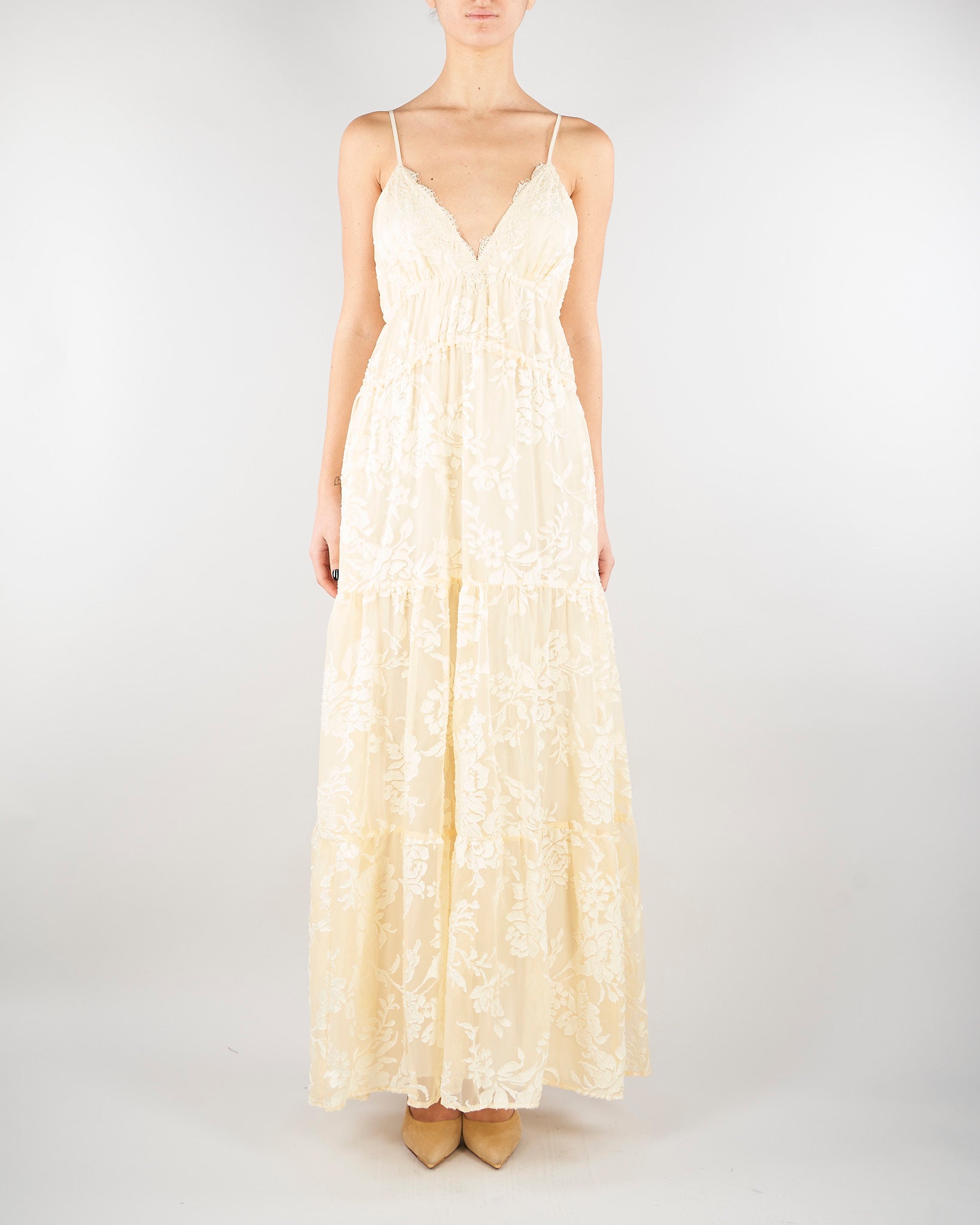 Abito Vaniglia a balze in raso devorè floreale D48EQ024E60 MFB31 ERMANNO BY ERMANNO SCERVINO 