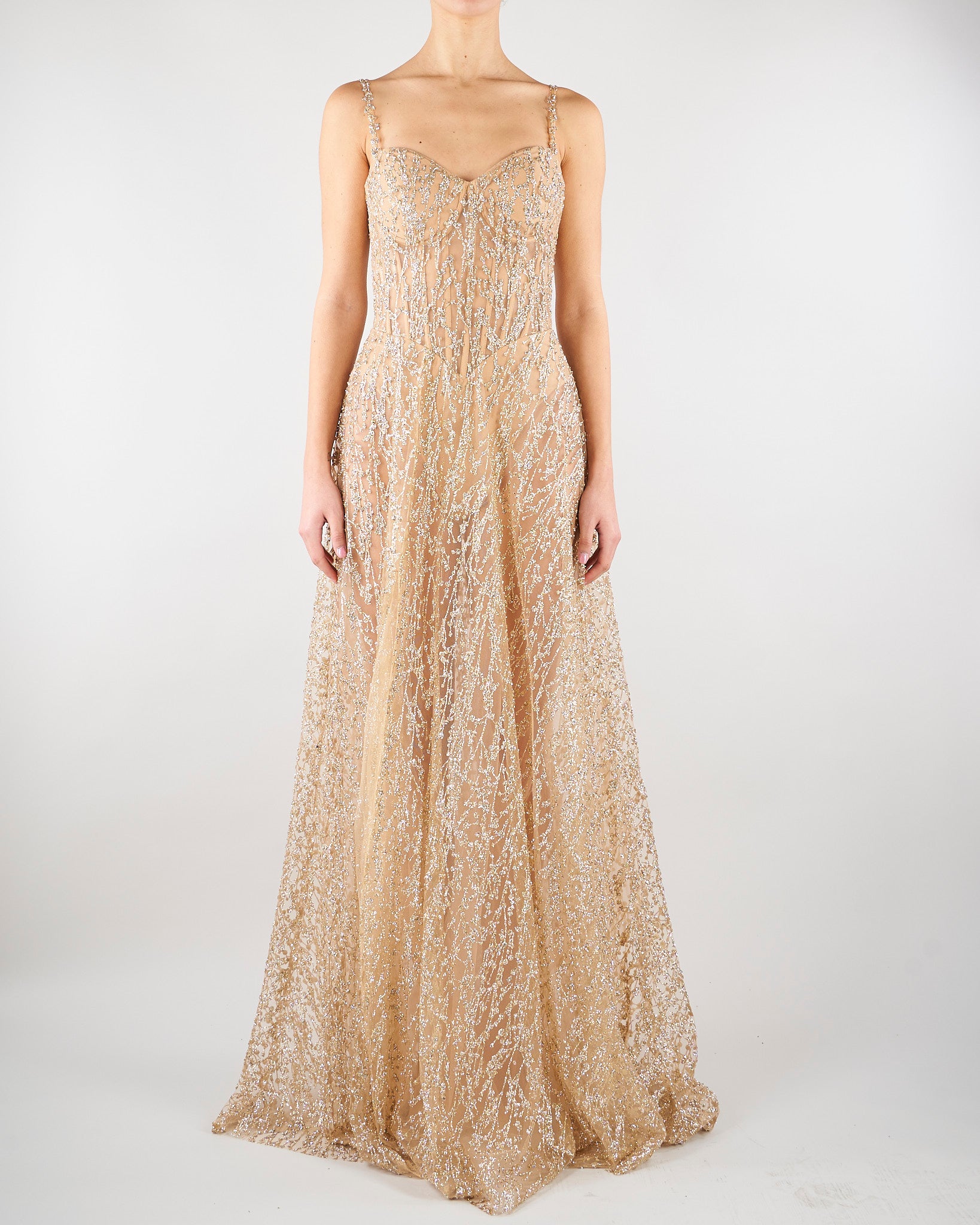 Abito lungo Gold con ricamo pietre e paillettes MINNY 35 FOREVER UNIQUE 