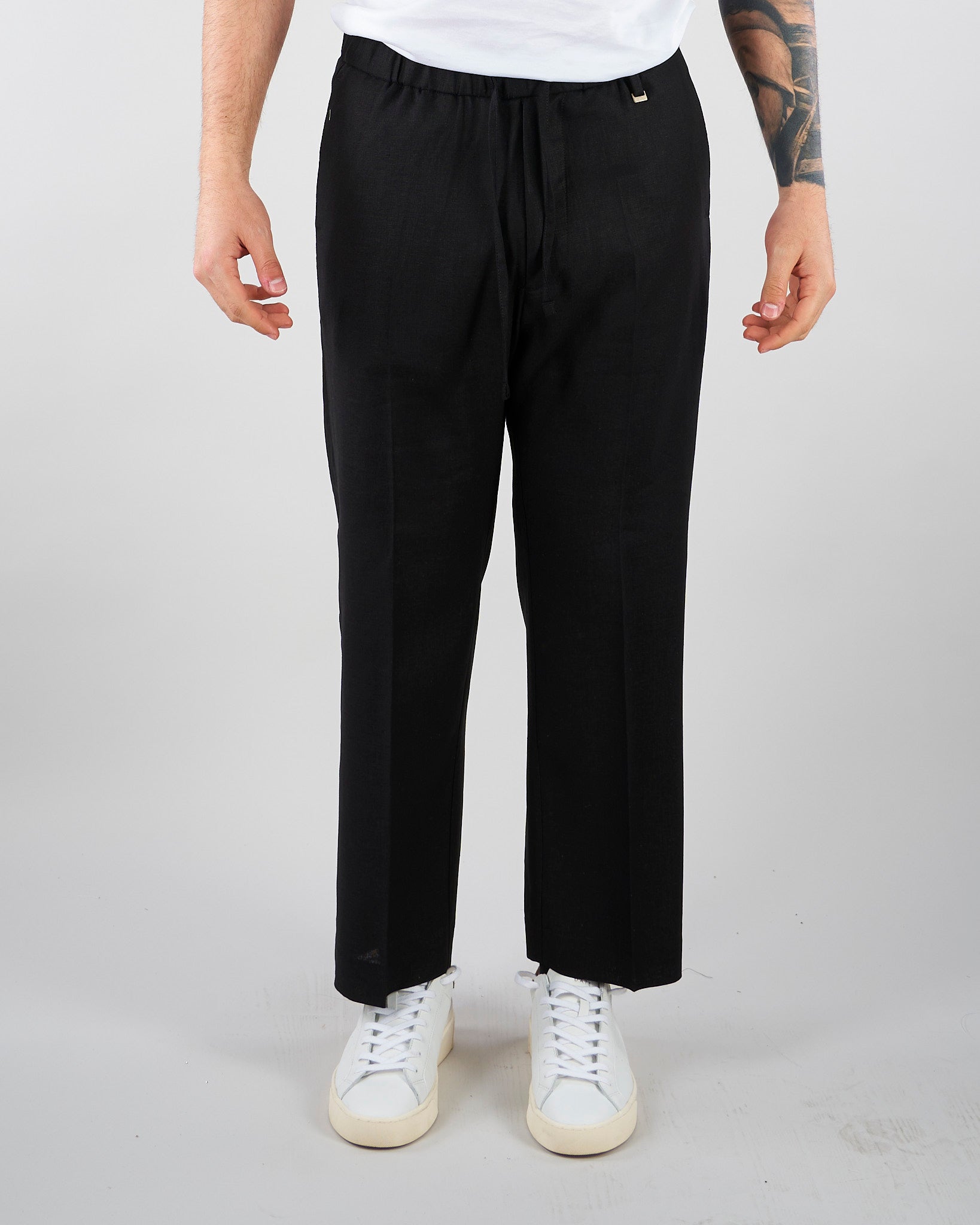 Pantalone Nero in lino con elastico PA3702 9 I'M BRIAN 