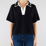 Maglia polo Nero con colletto a contrasto con applicazioni in paillettes SP5NT009 0001 ICONA 