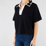 Maglia polo Nero con colletto a contrasto con applicazioni in paillettes SP5NT009 0001 ICONA 