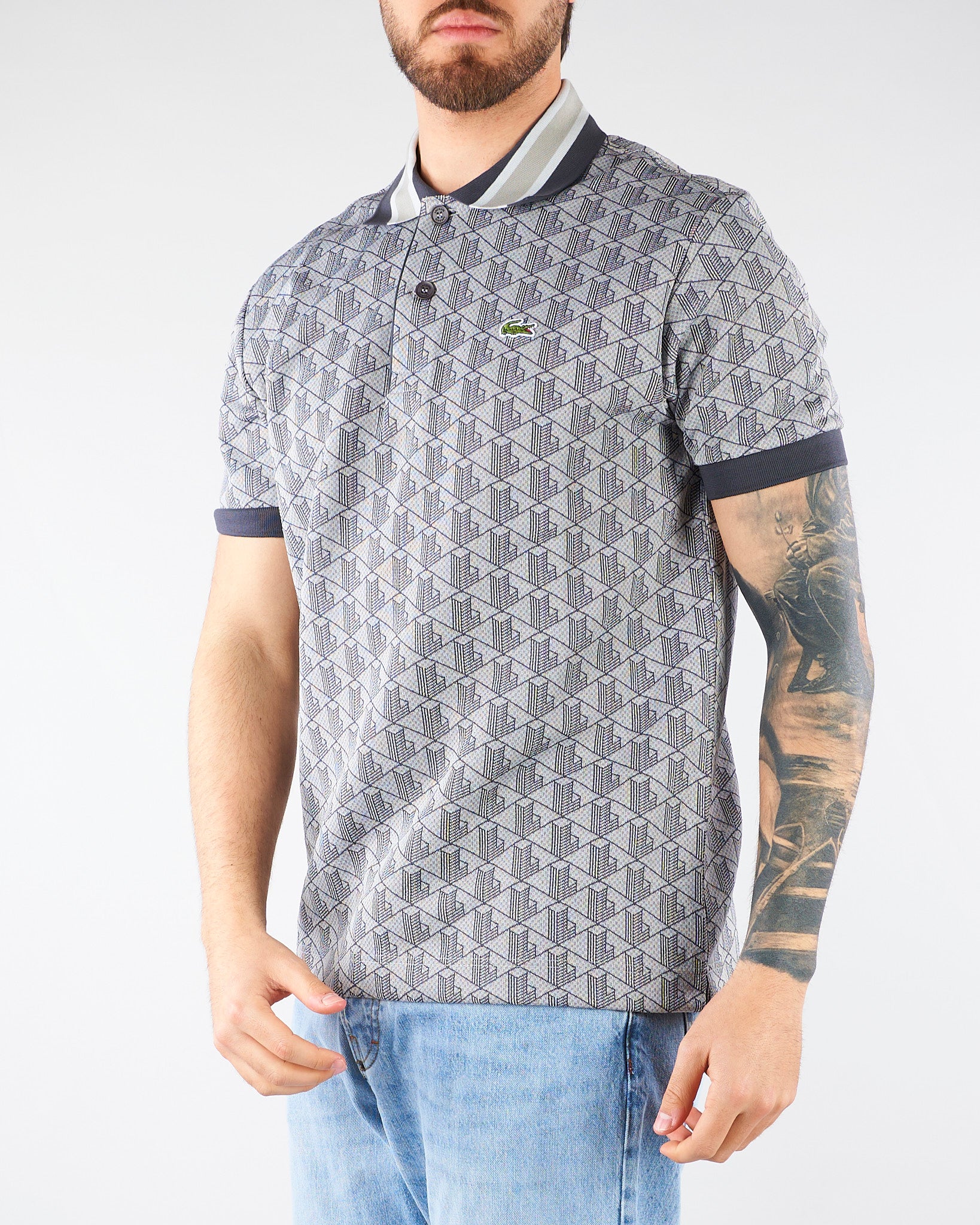 Polo Grigio dal taglio classico in jacquard con monogramma DH1417 41I LACOSTE 