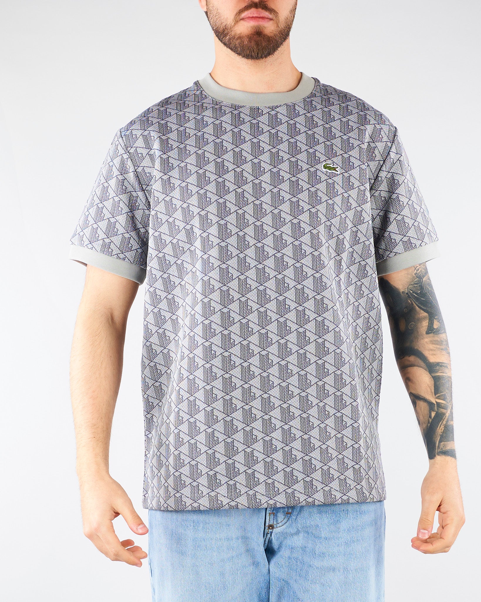T-shirt Grigio slim fit con monogramma jacquard TH1197 41I LACOSTE 