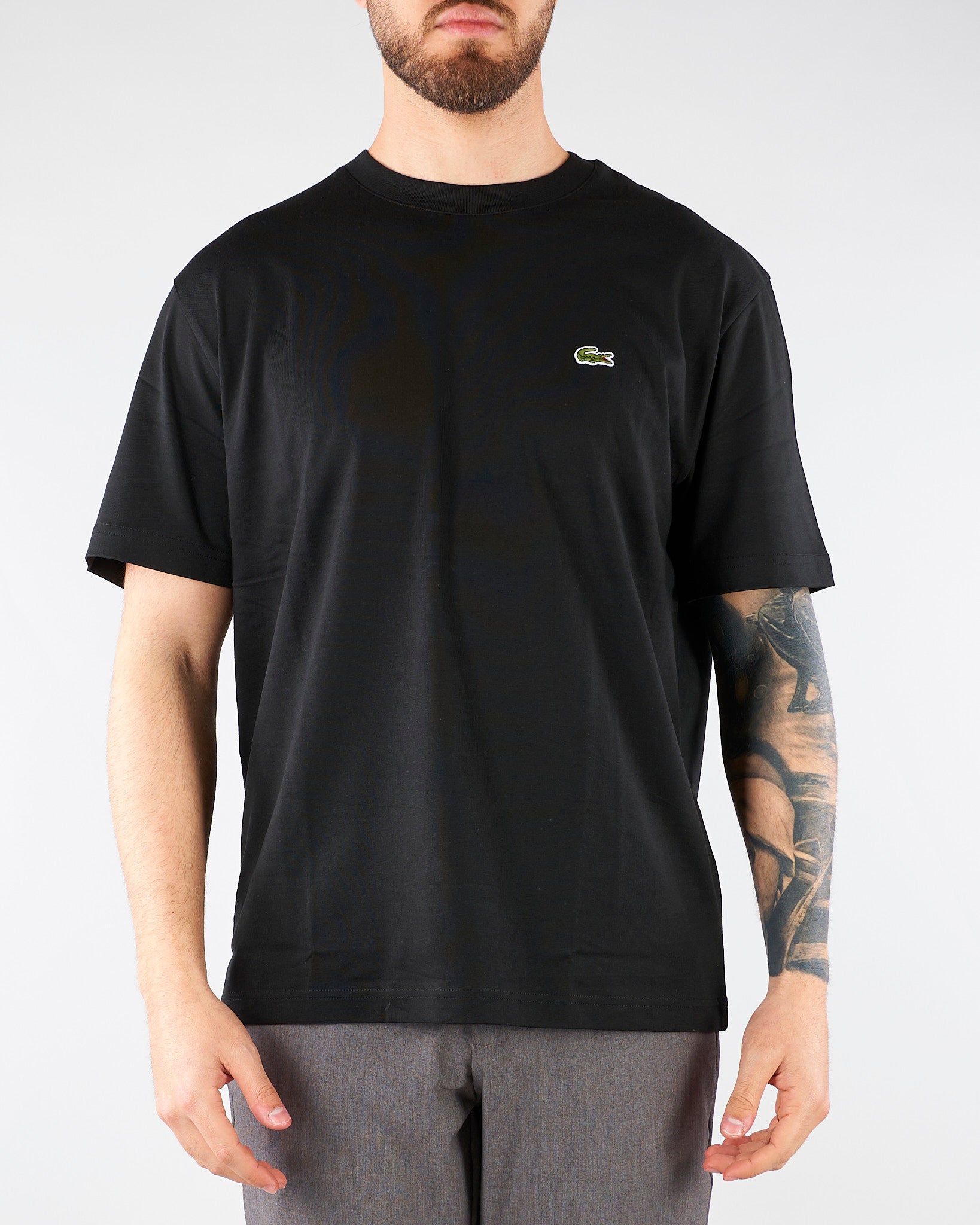 T-shirt Nero in cotone con logo TH7318 031 LACOSTE 