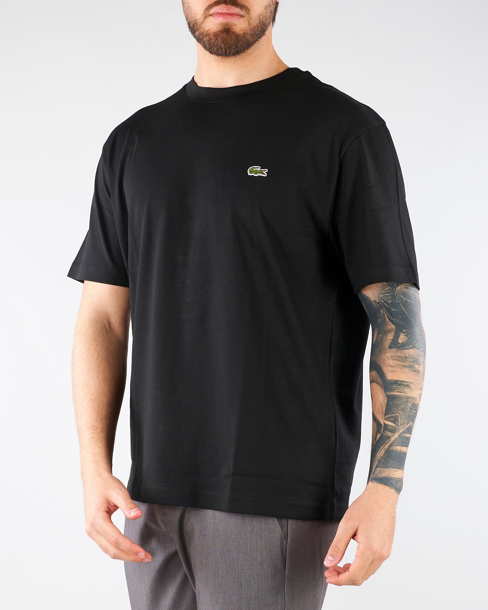 T-shirt Nero in cotone con logo TH7318 031 LACOSTE 