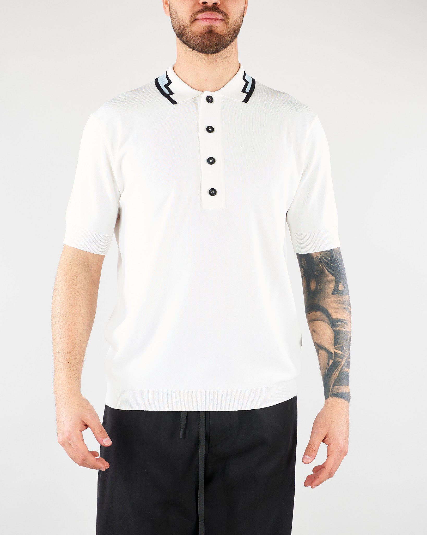 Polo Bianco in maglia di viscosa con collo jacquard LM26005 A014 LOW BRAND 