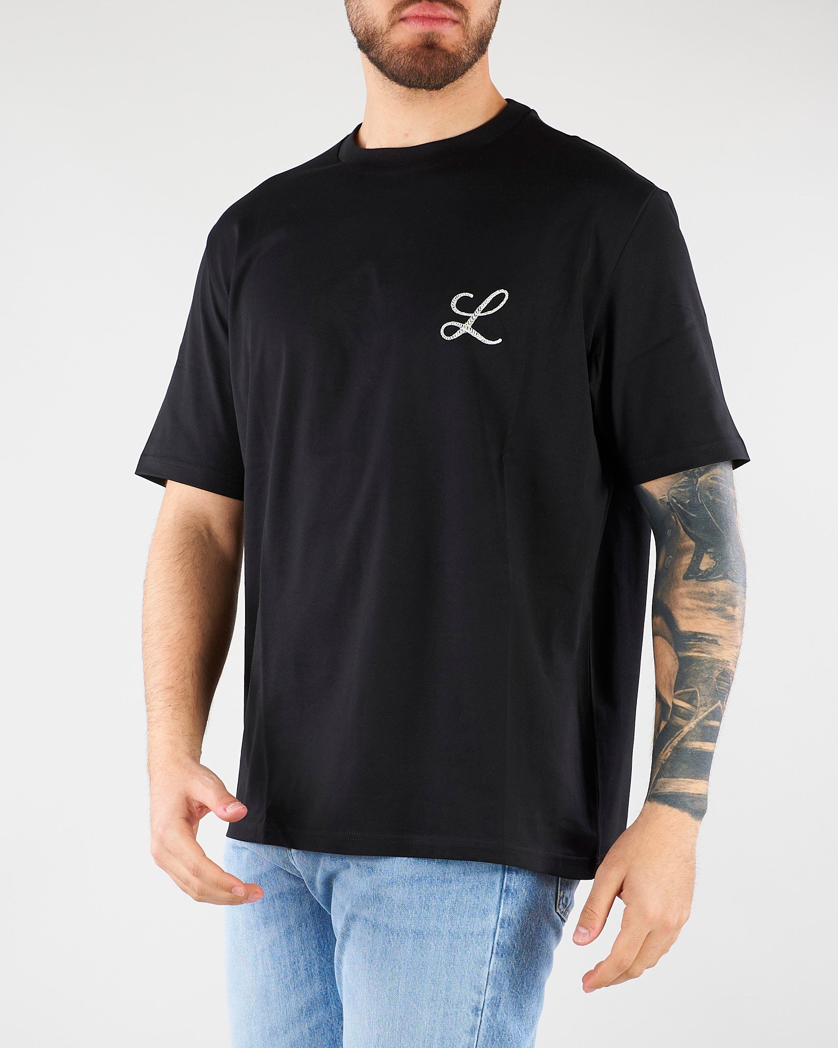 T-shirt Nero in jersey di cotone con ricamo logo Relaxed fit LT26009 D001 LOW BRAND 