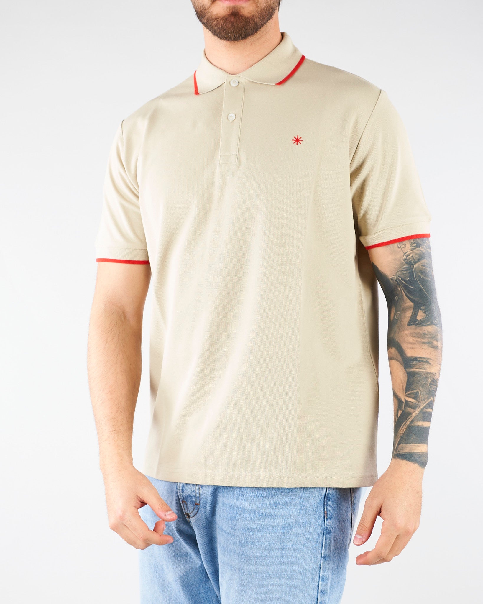Polo Beige in piquet di cotone con profili a contrasto 4032M550263265 23 MANUEL RITZ 