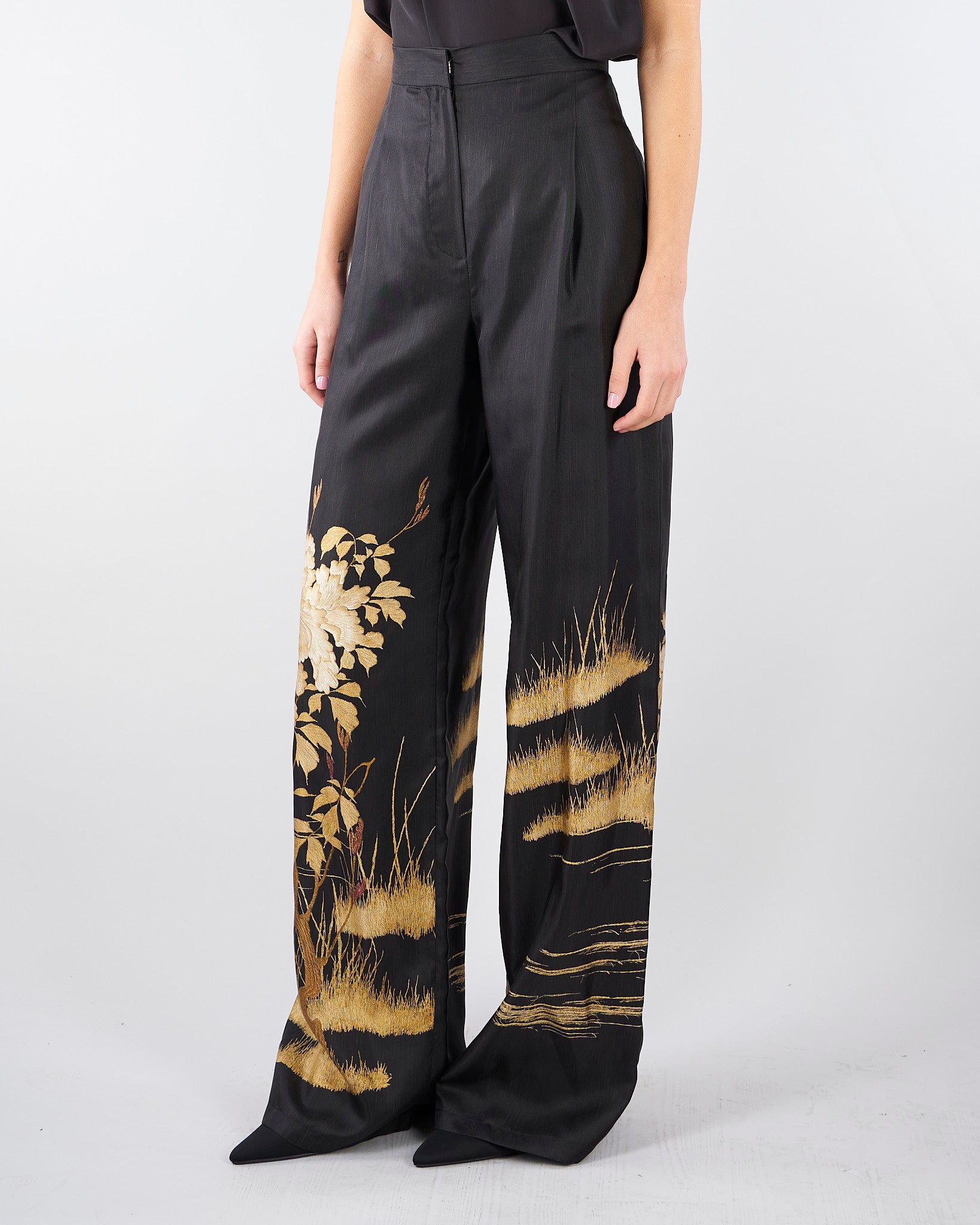 Pantalone Nero fluido in seta stampata MSEMAPPA 3 MAX MARA STUDIO 