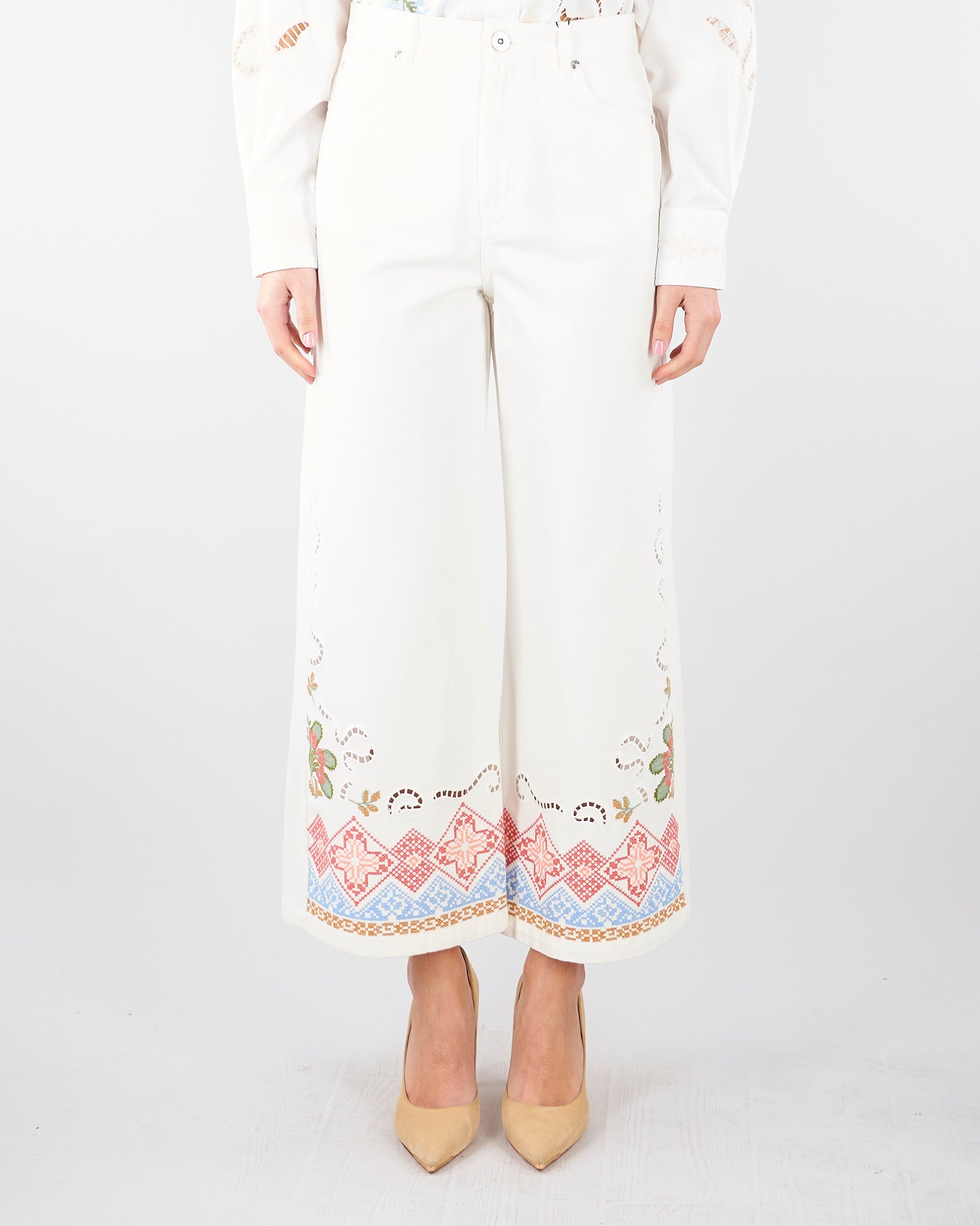 Pantalone bianco in bull di cotone con ricami WKDADUNCO 9 MAX MARA WEEKEND 