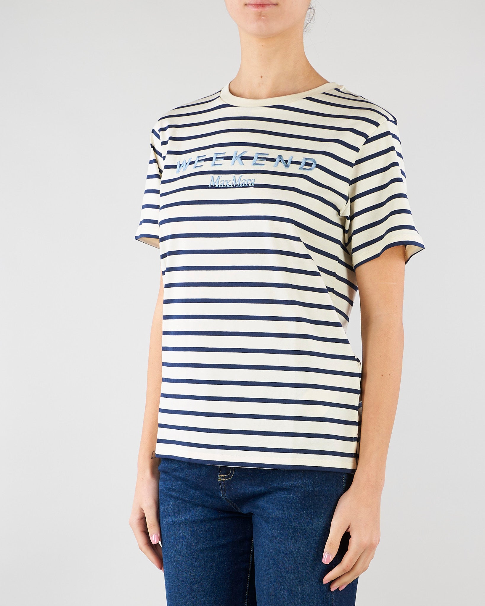 T-shirt Bianco-Blu a righe in jersey con stampa WKDBORA 5 MAX MARA WEEKEND 