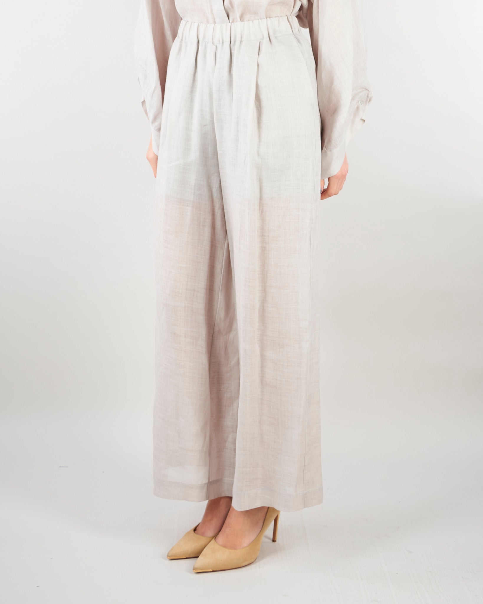 Pantalone Grigio in lino crop con elastico M6PK01 889 MEIMEIJ 