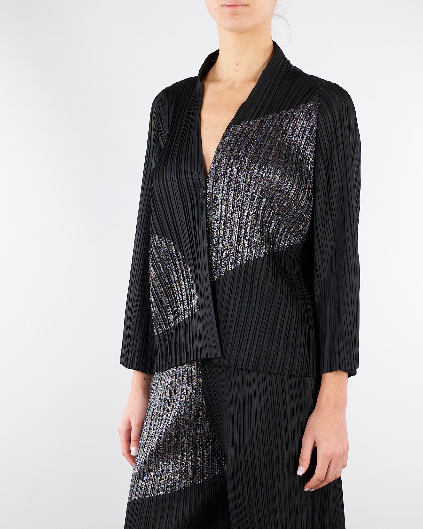 Cardigan Nero plissettato con inserti in lurex M6PY26 B1063 MEIMEIJ 