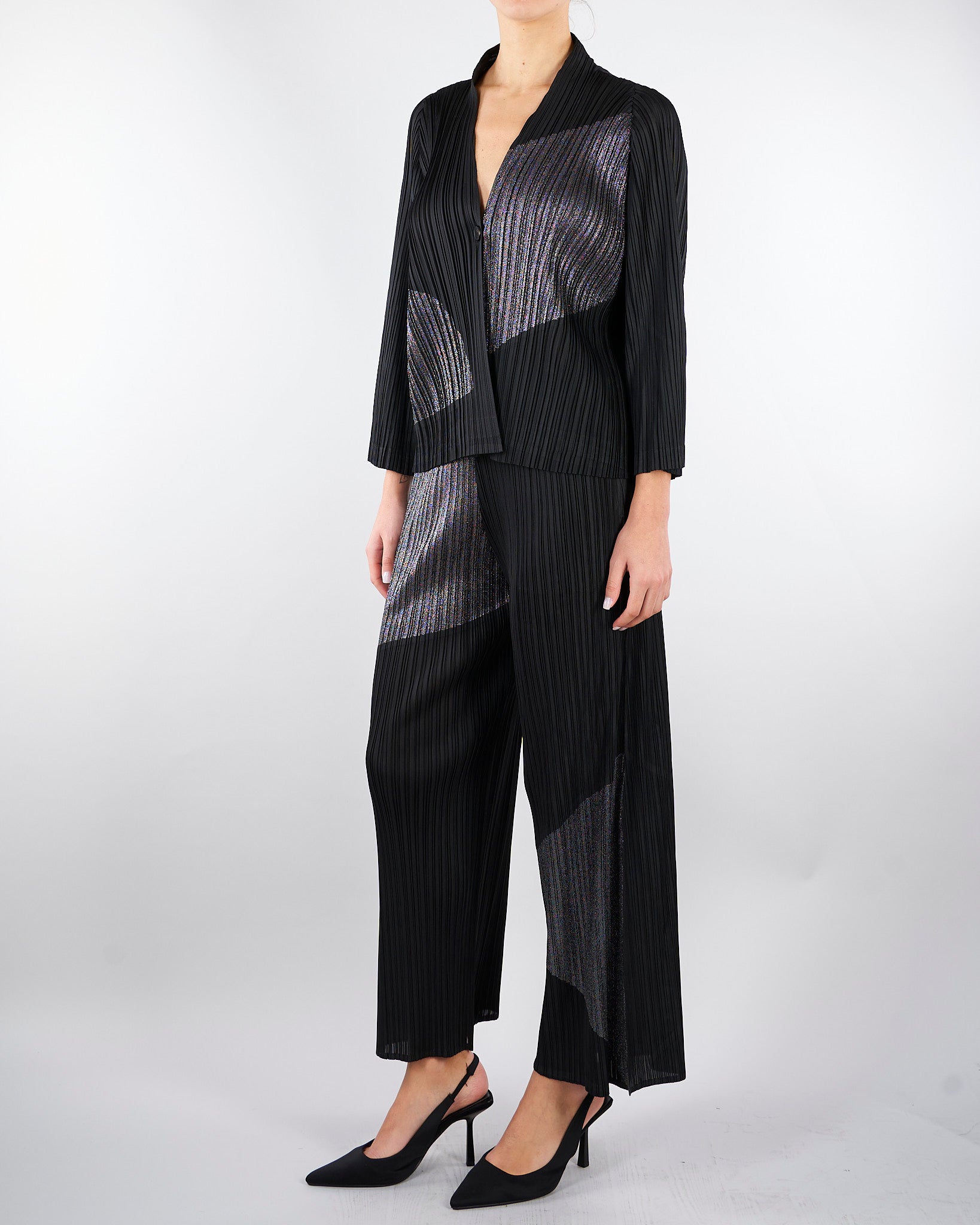 Cardigan Nero plissettato con inserti in lurex M6PY26 B1063 MEIMEIJ 