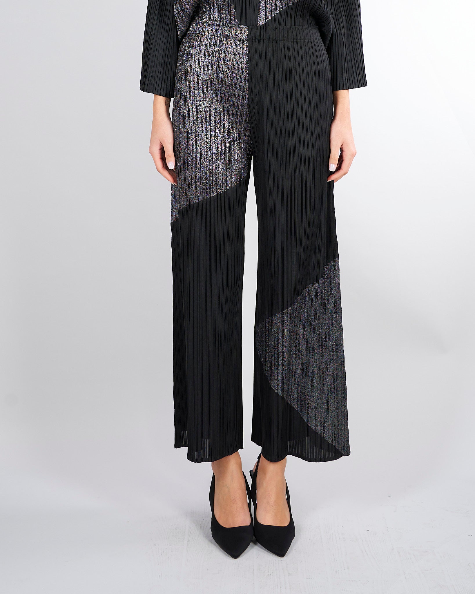 Pantalone Nero plissettato con inserti in lurex M6PY27 B1063 MEIMEIJ 