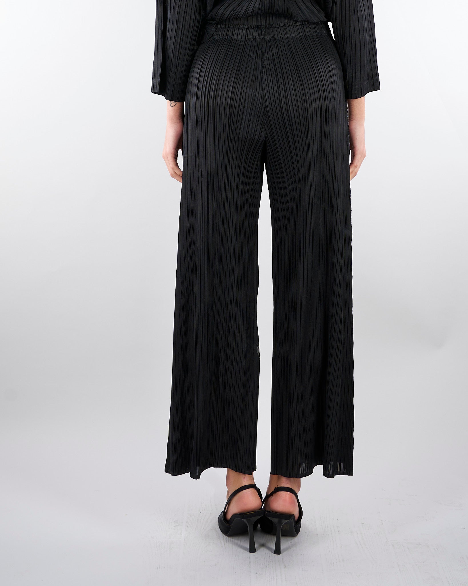 Pantalone Nero plissettato con inserti in lurex M6PY27 B1063 MEIMEIJ 