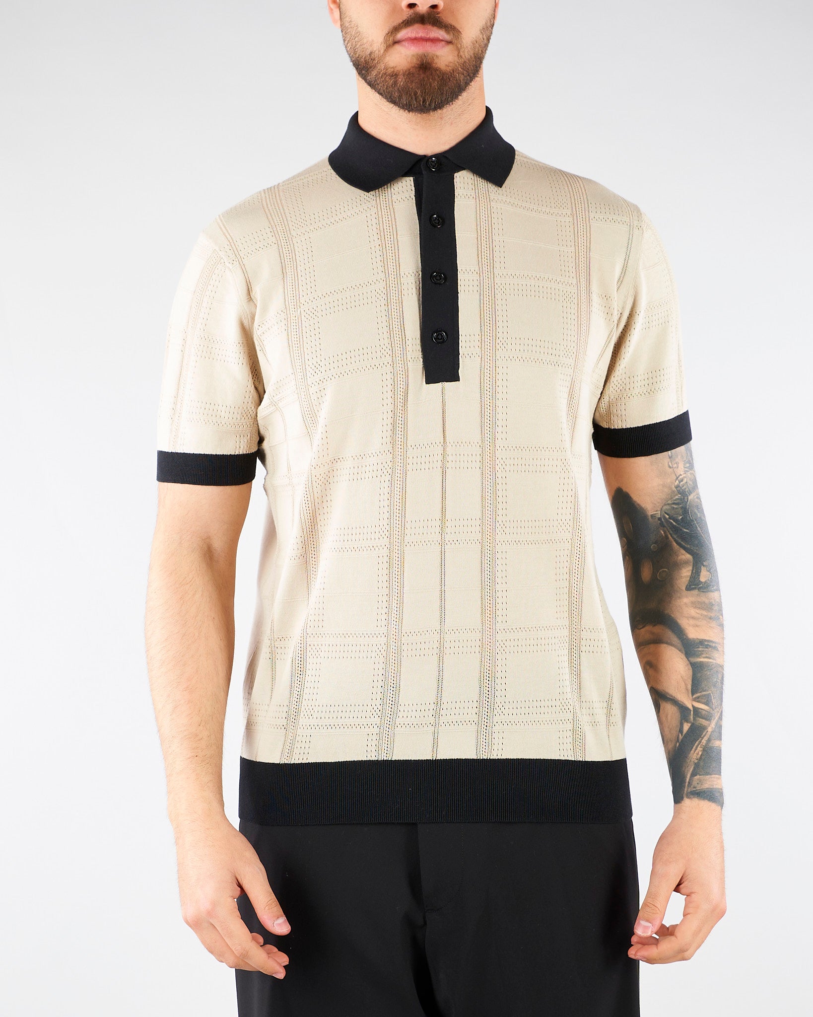 Maglia jacquard a Polo Beige-Nero con profili a contrasto A016F100 0001 PAOLO PECORA 