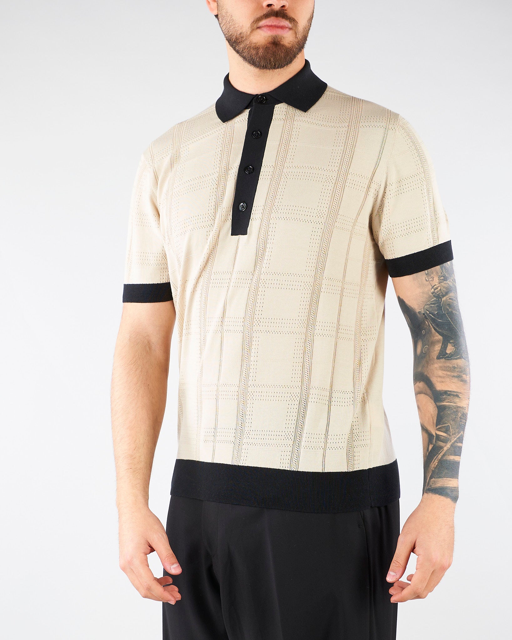 Maglia jacquard a Polo Beige-Nero con profili a contrasto A016F100 0001 PAOLO PECORA 