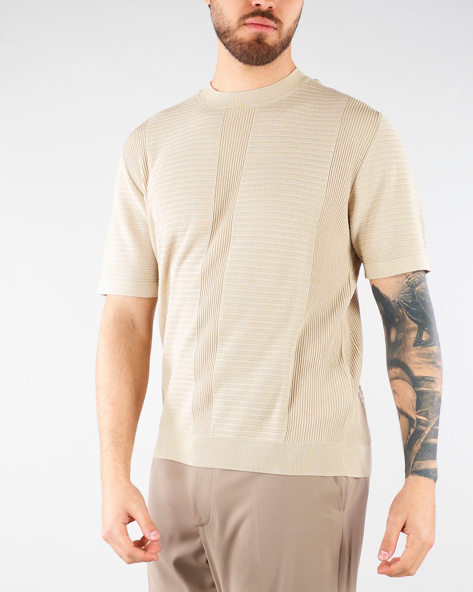Maglia jacquard Beige in cotone lavorato A028F300 1420 PAOLO PECORA 