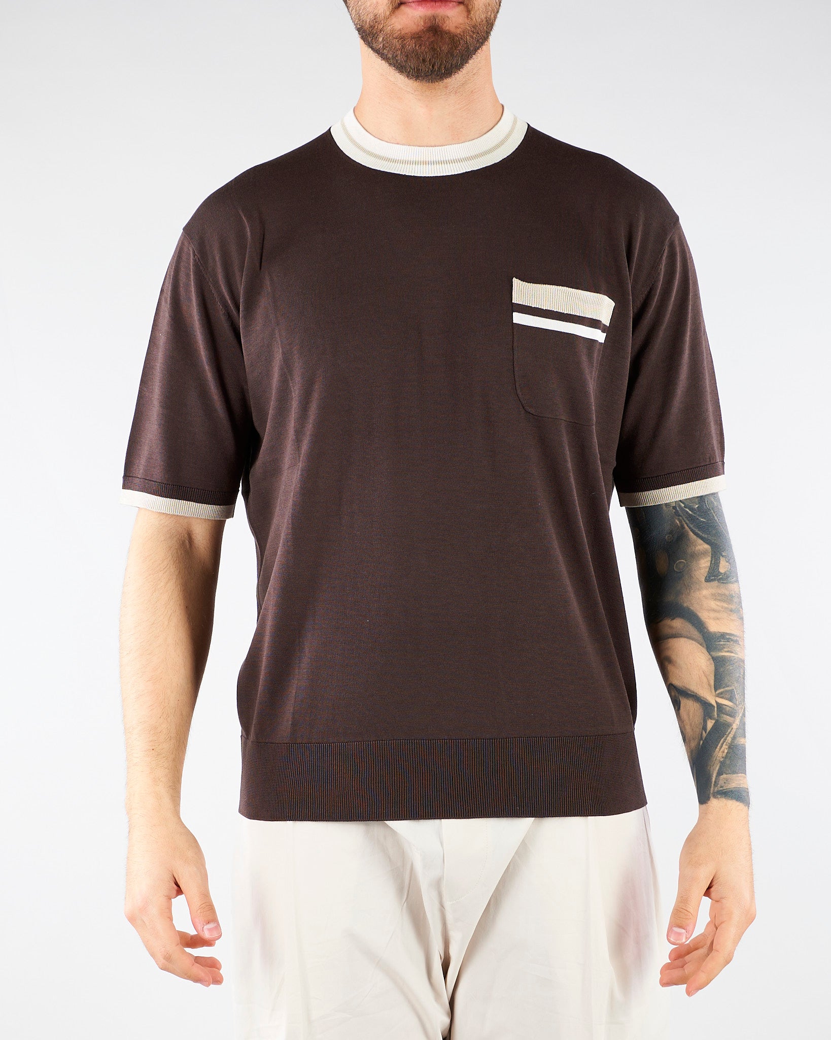Maglia Marrone in pura seta e cotone con profili a contrasto A032F200 2345 PAOLO PECORA 