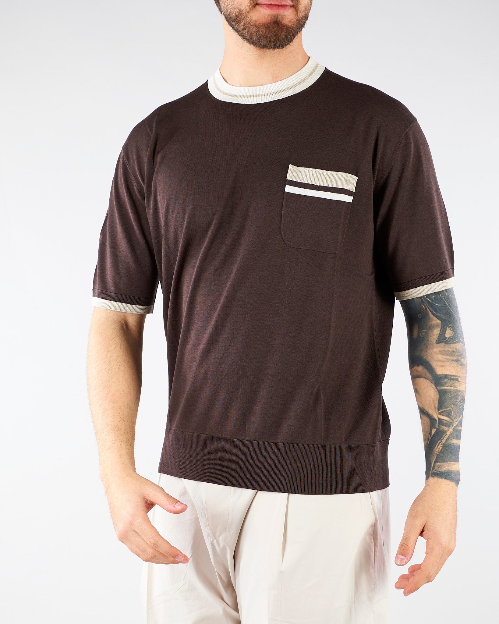 Maglia Marrone in pura seta e cotone con profili a contrasto A032F200 2345 PAOLO PECORA 