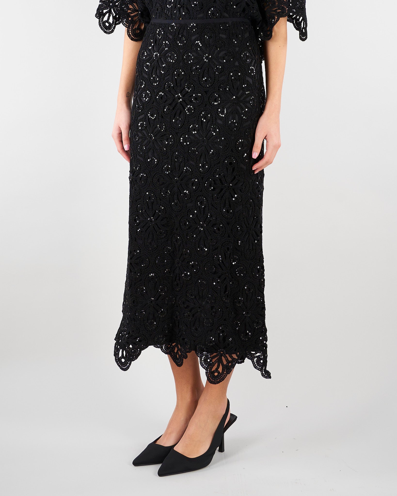 Gonna Nero in macramè con paillettes PBPPANDA 2 PENNY BLACK 