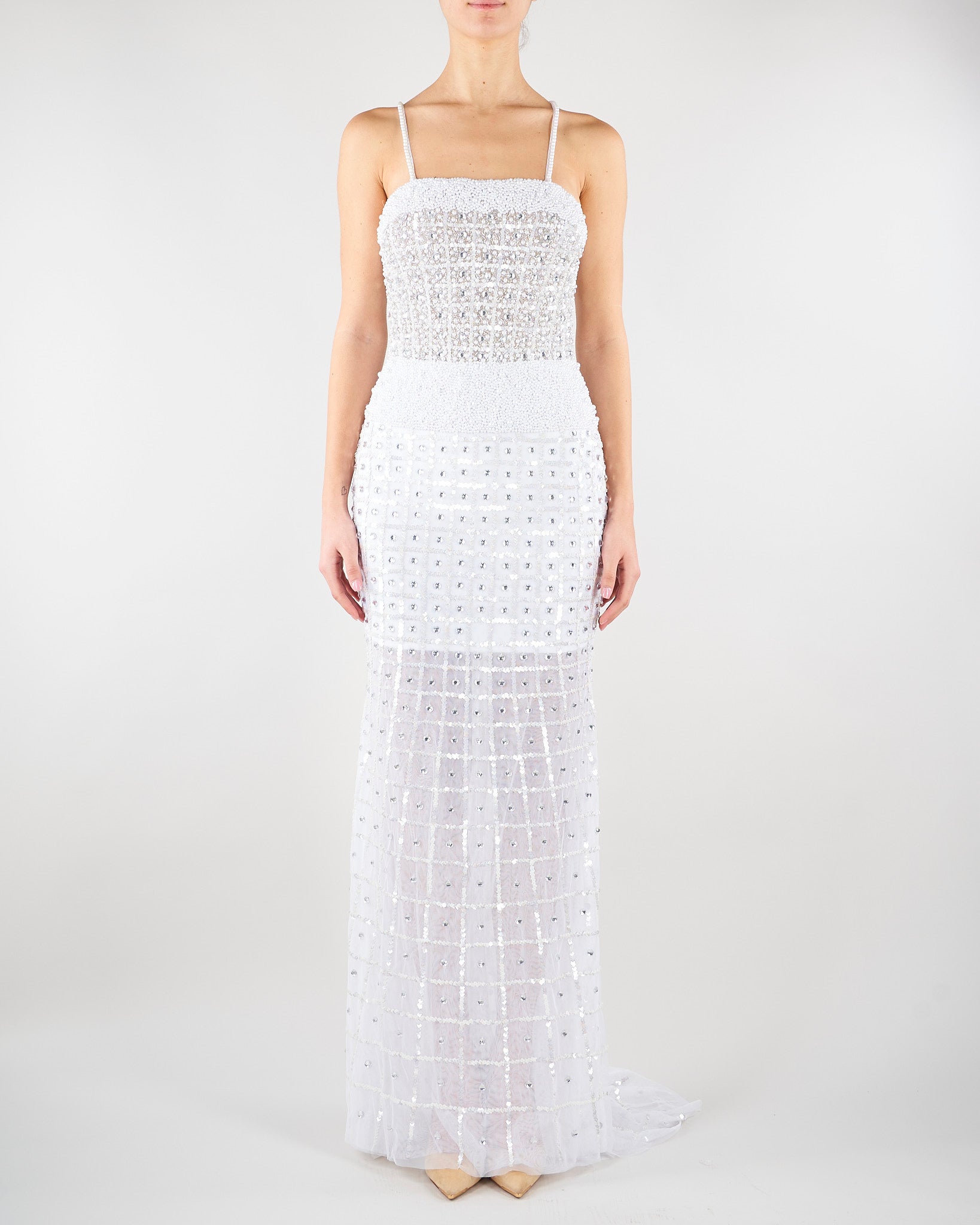 Abito Bianco con ricamo in pietre e paillettes 721516 1 PERLAROSSA 
