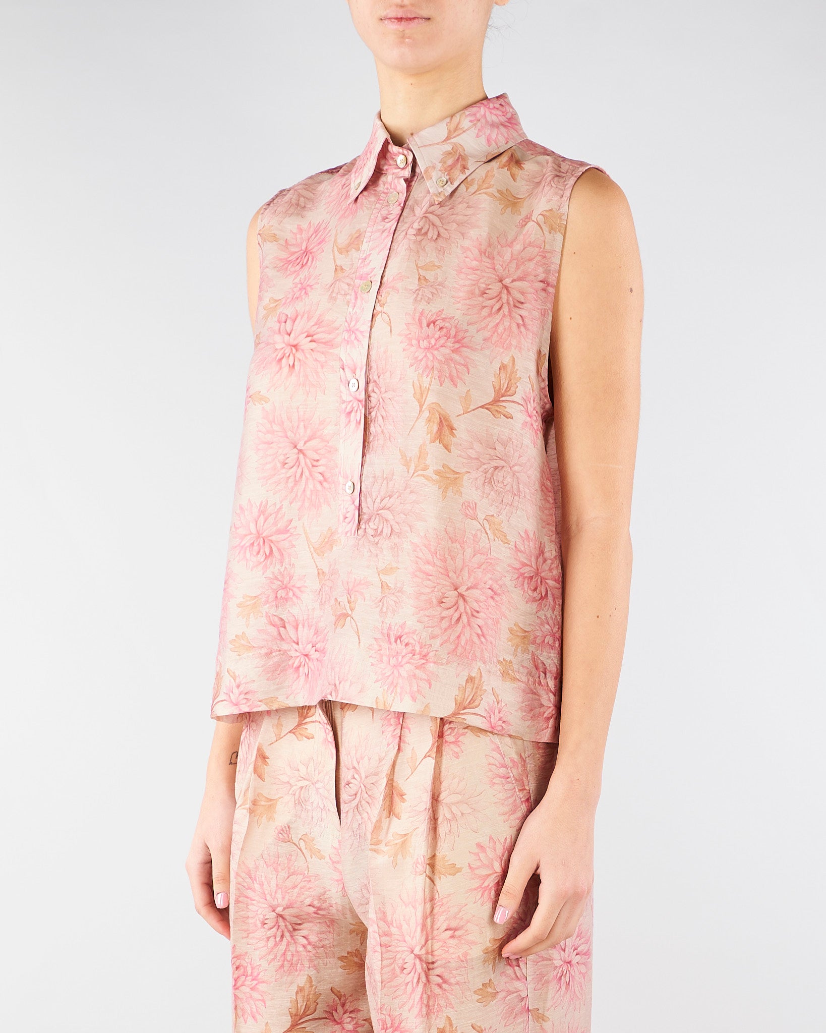 Camicia Rosa smanicata in organza di lino stampata TO0203450272 572 SEVENTY 