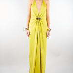 Abito in raso verde Acido con placca e bracciali oro AB11201TRAS0040 V0780 SIMONA CORSELLINI 