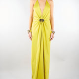 Abito in raso verde Acido con placca e bracciali oro AB11201TRAS0040 V0780 SIMONA CORSELLINI 