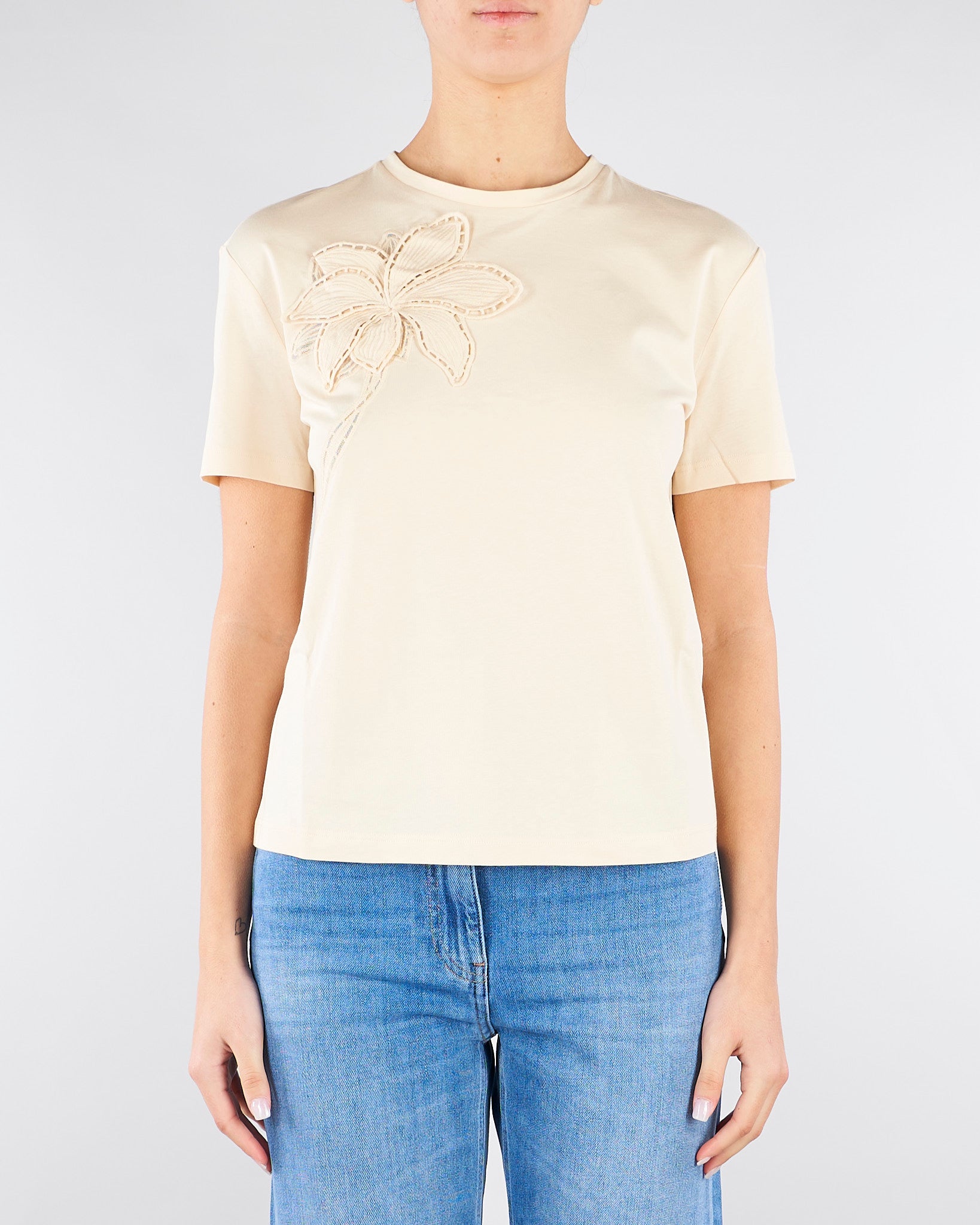 T-shirt Crema con ricamo fiore TP2080 7222 TWIN SET 