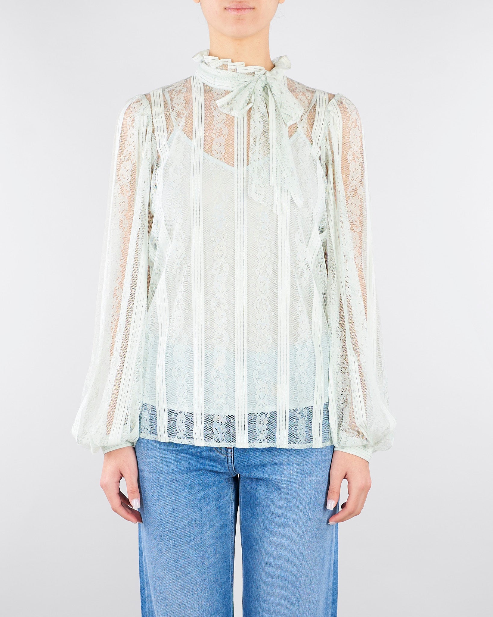 Blusa Verde Acqua in pizzo a righe con fiocco TP2541 13162 TWIN SET 