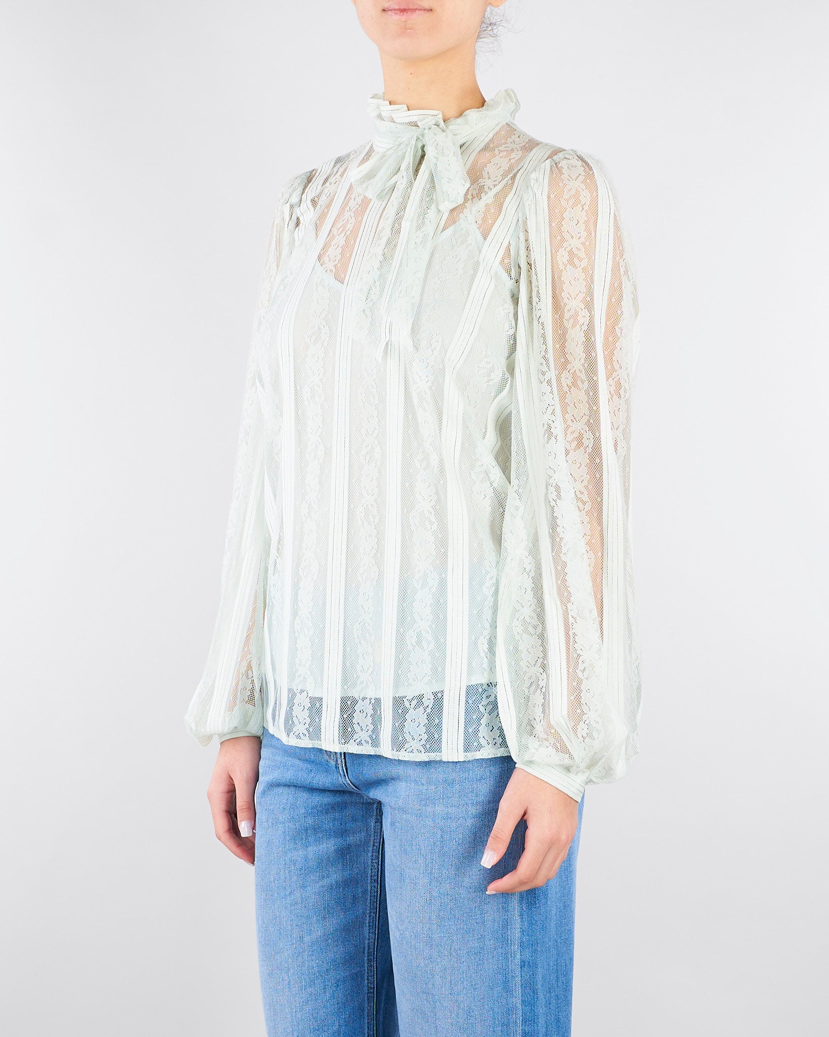 Blusa Verde Acqua in pizzo a righe con fiocco TP2541 13162 TWIN SET 