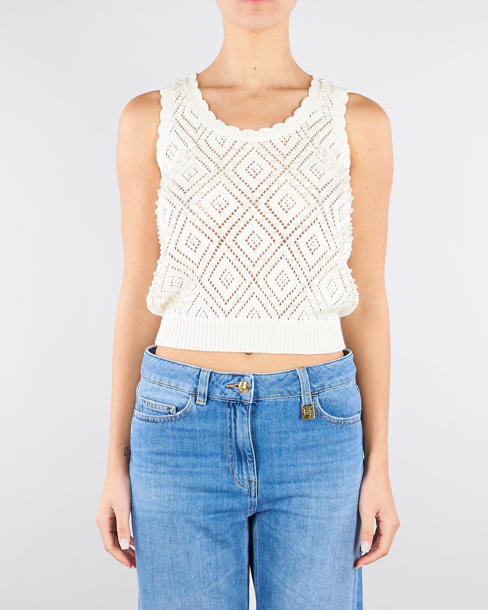 Top Burro in maglia a losanghe con perle TP3202 59 TWIN SET 