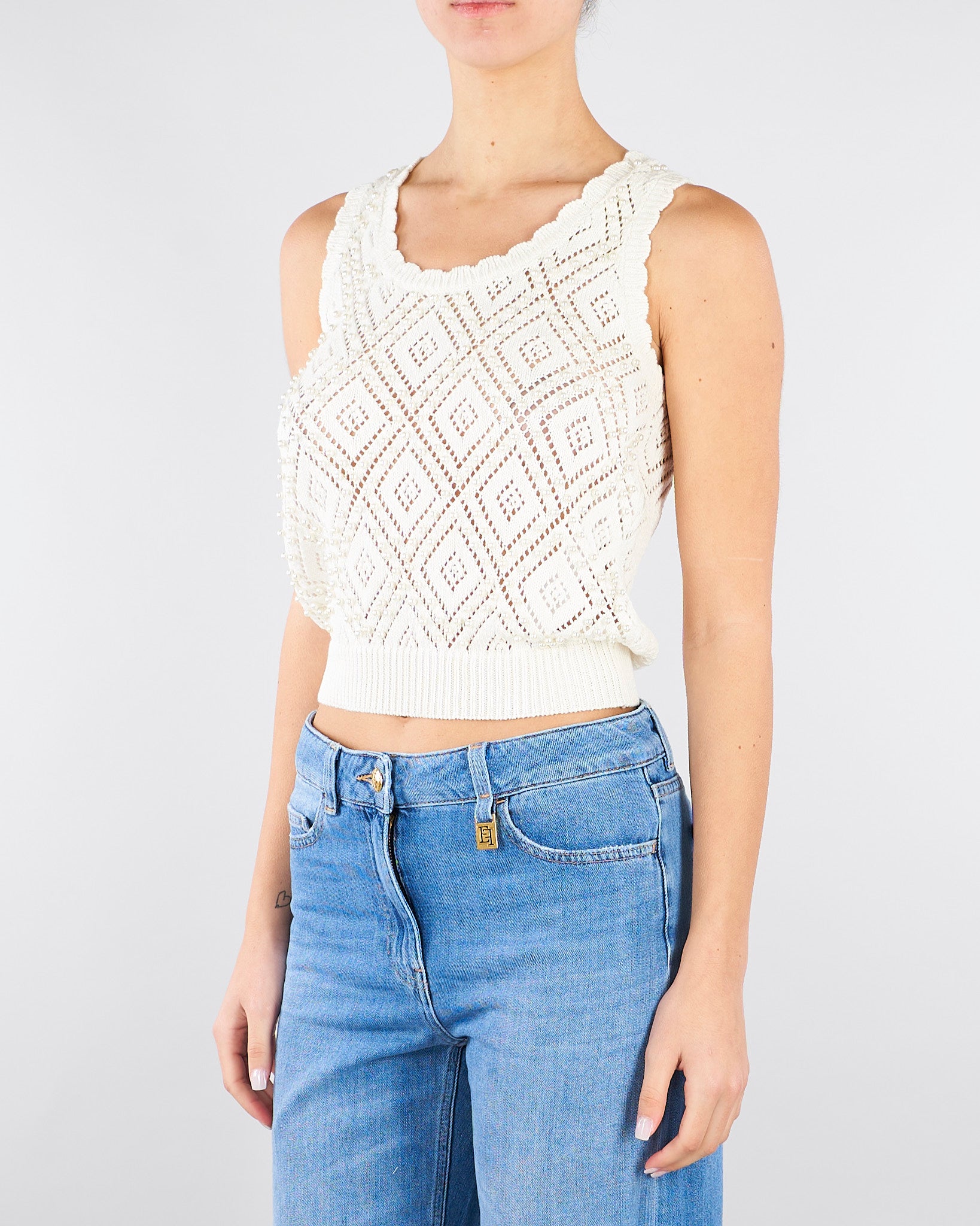 Top Burro in maglia a losanghe con perle TP3202 59 TWIN SET 