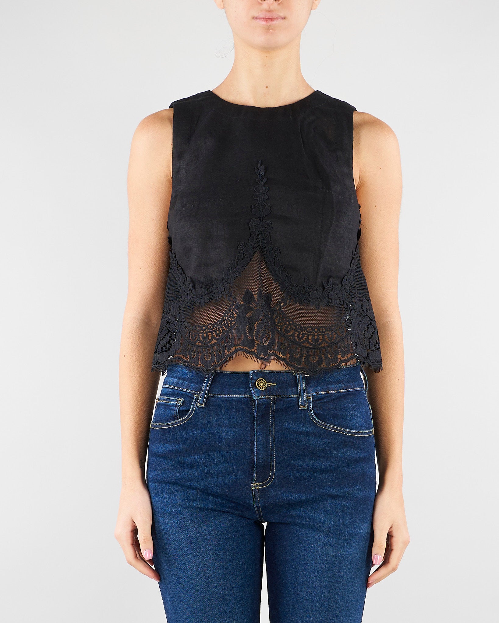 Top Nero in lino con pizzo TT2182 6 TWIN SET 