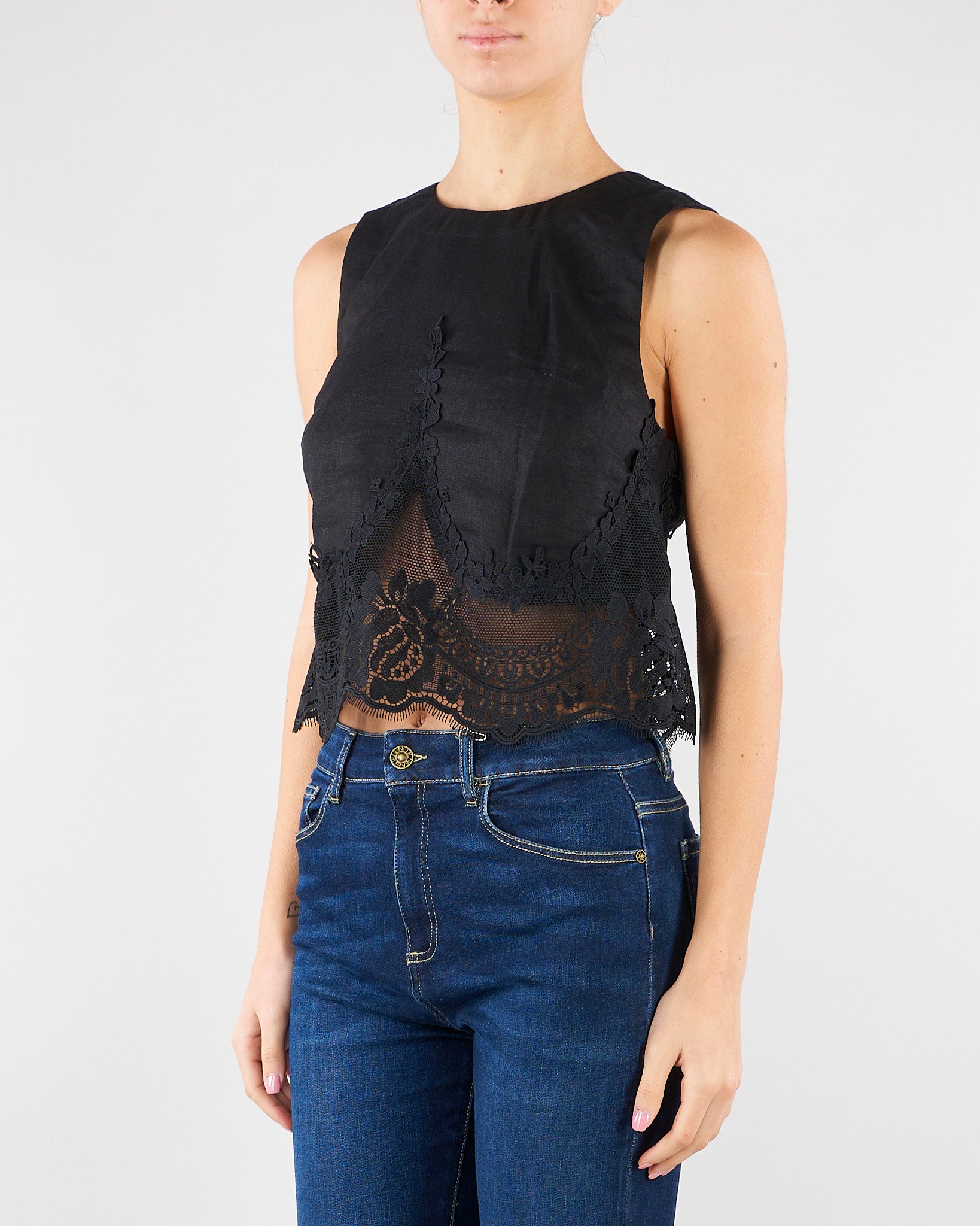 Top Nero in lino con pizzo TT2182 6 TWIN SET 
