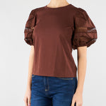T-shirt Coffe con maniche a sbuffo e ricamo sangallo TT2260 12110 TWIN SET 