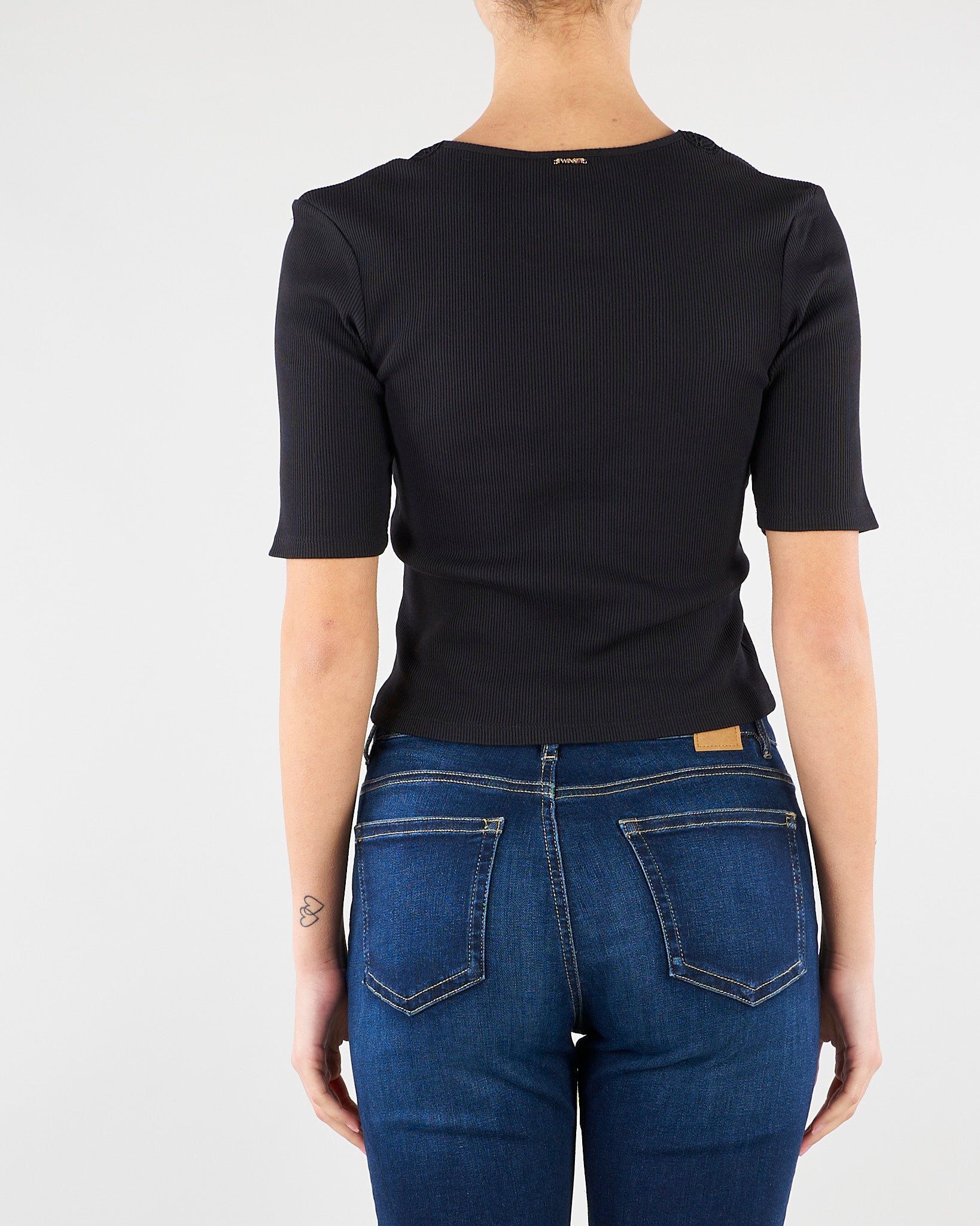 T-shirt Nero a costine con pizzo TT2361 6 TWIN SET 