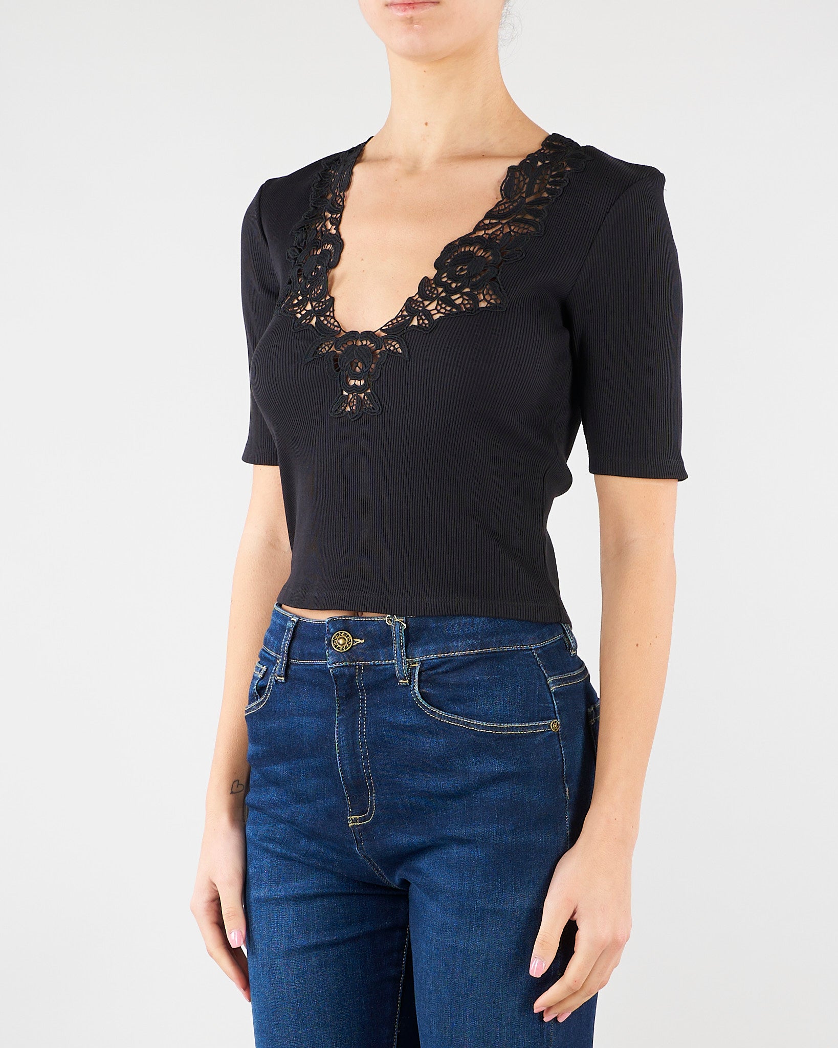 T-shirt Nero a costine con pizzo TT2361 6 TWIN SET 