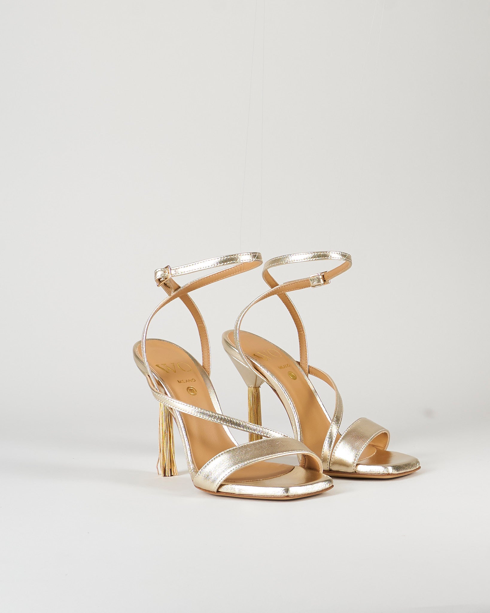 Sandalo Oro in pelle lamè con tacco con frange W395 50 WO MILANO 