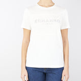 T-shirt con pizzo e logo di cristalli
