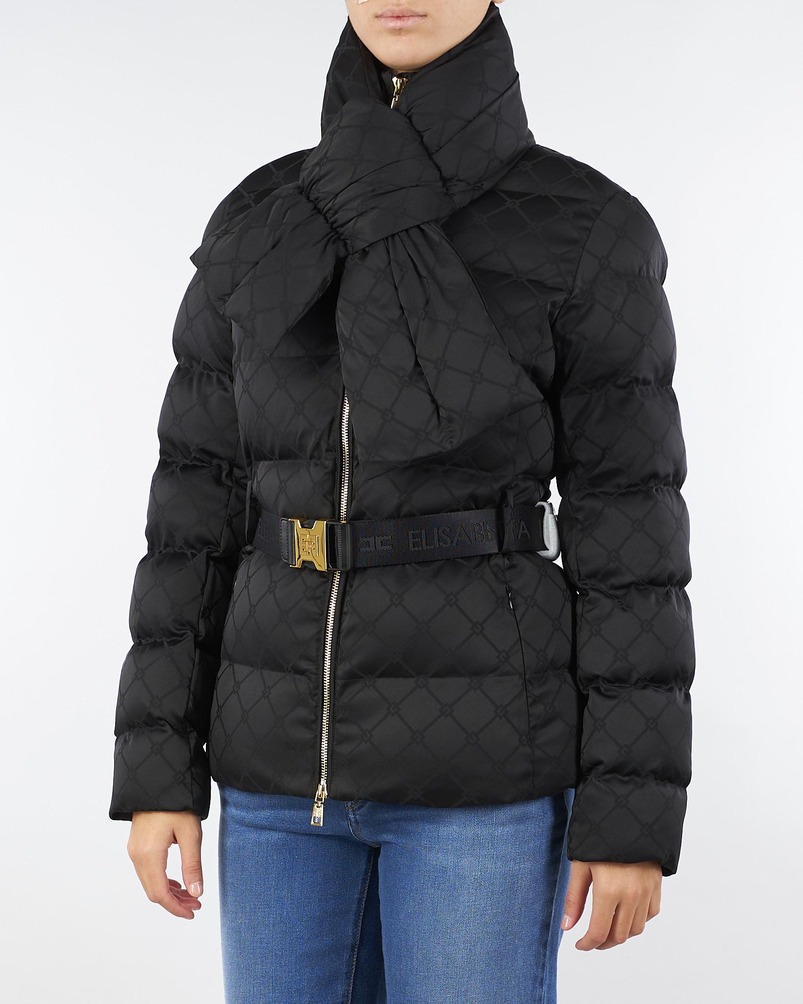Piumino Nero in tessuto vela jacquard con cintura PI83D56E2 110 ELISABETTA FRANCHI 