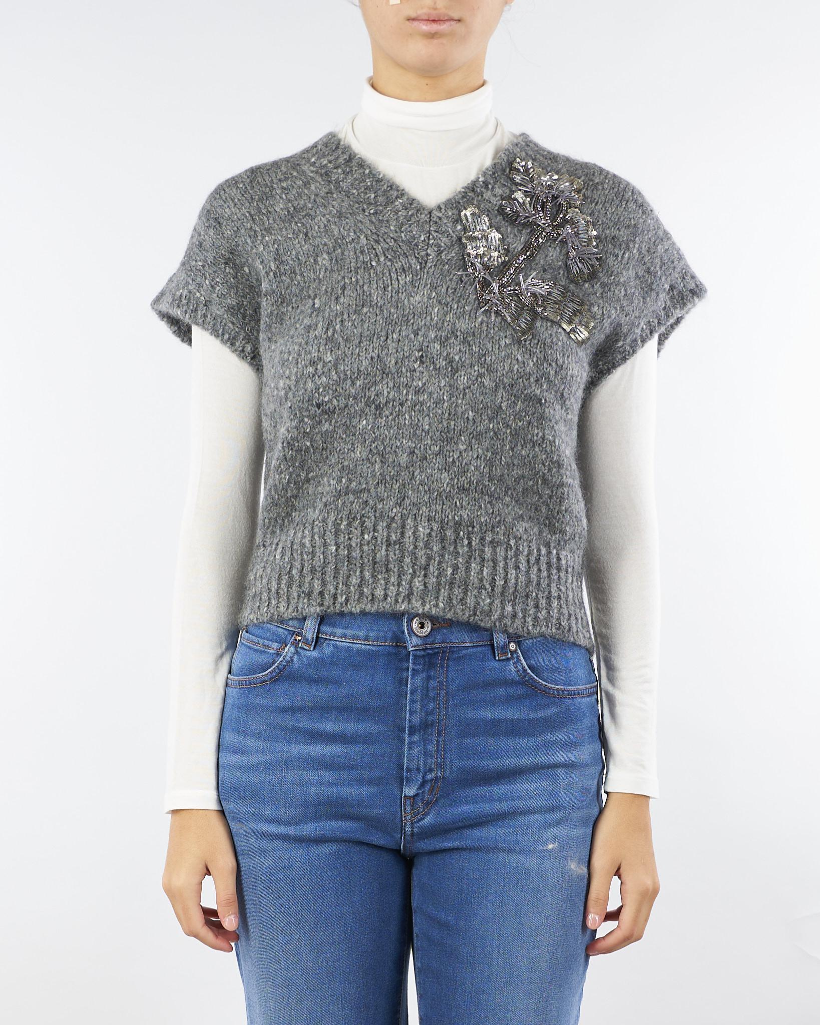Maglia Gilet Grigio in misto mohair con applicazioni V52704 98 VANISE' 